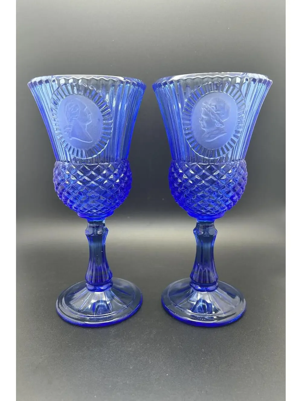Avon Fostoria George and Martha Washington blue cobalt goblets
